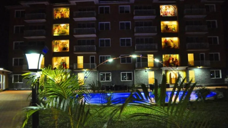 Completed Nile House property illuminated at night
